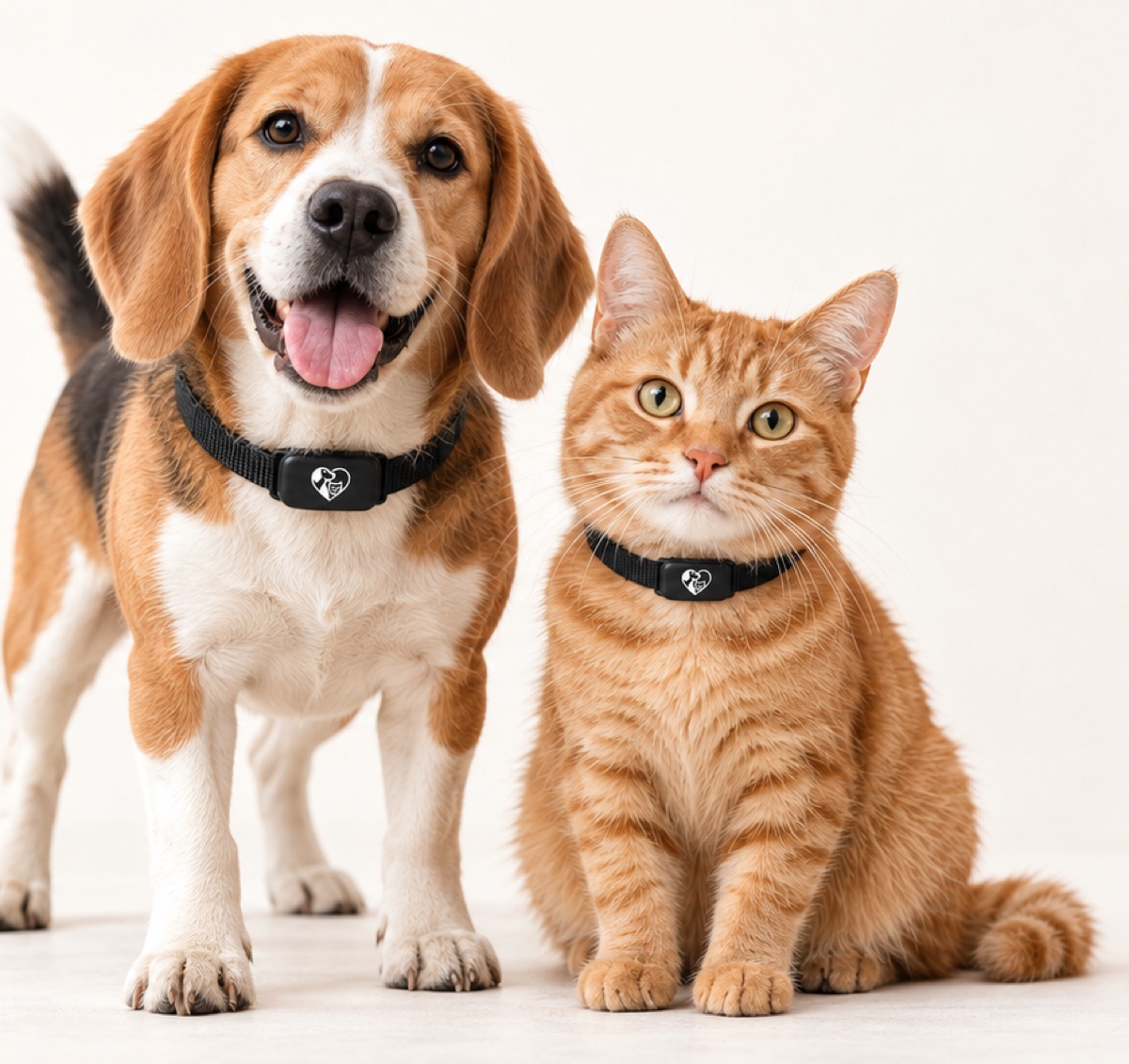 A beagle and an orange cat wearing PetViome collars